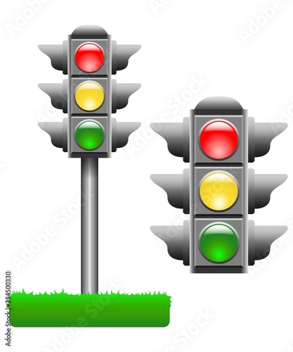 Typical horizontal traffic signals with red, green and yellow lights
