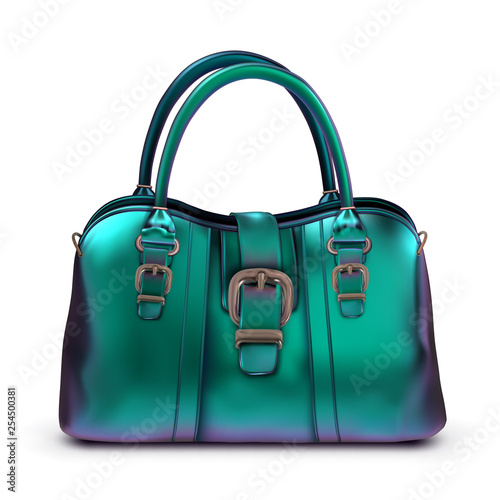 Women's glossy lacquered bag turquoise iridescent color with buckles and short handles. Vector illustration on a white background.