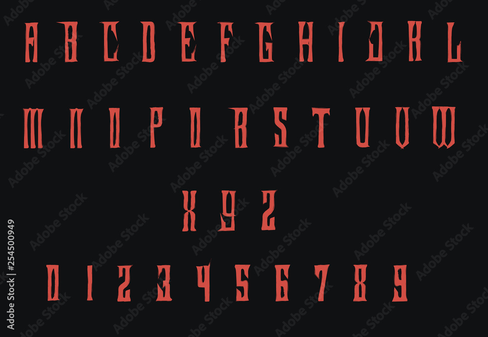 Stylized typewriter font - Red gothic alphabet