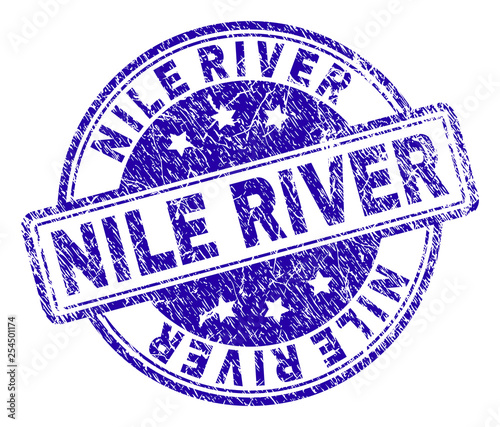 NILE RIVER stamp seal watermark with grunge texture. Designed with rounded rectangles and circles. Blue vector rubber print of NILE RIVER text with dirty texture.
