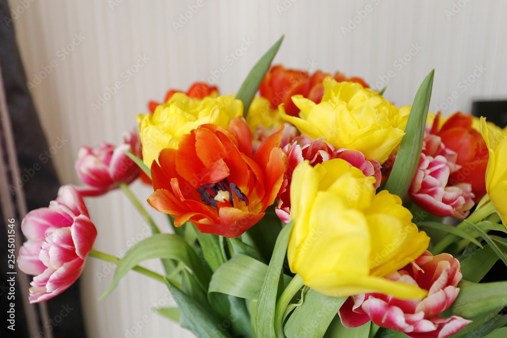 beautiful bouquet of spring flowers yellow and red tulips in a black vase beautiful bouquet of spring flowers yellow and red tulips in a black vase