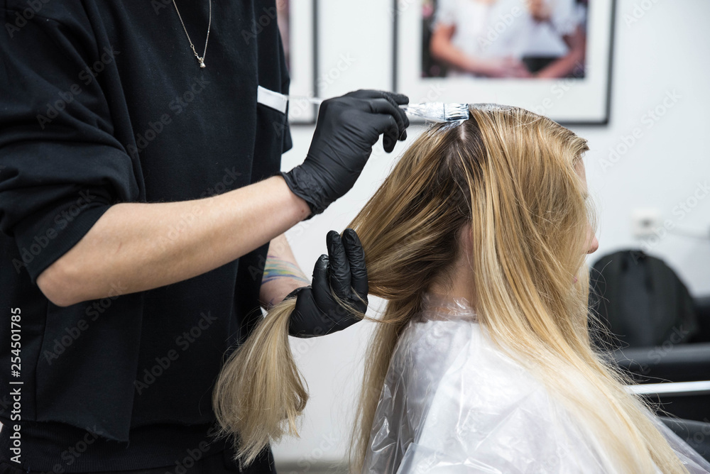 Professional hairdresser putting color mask dyeing hair of woman in beauty salon Professional hairdresser putting color mask dyeing hair of woman in beauty salon