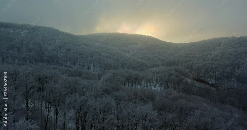 Aerial shot, winter forest in the Pilis Mountain and sunset Aerial shot, winter forest in the Pilis Mountain and sunset