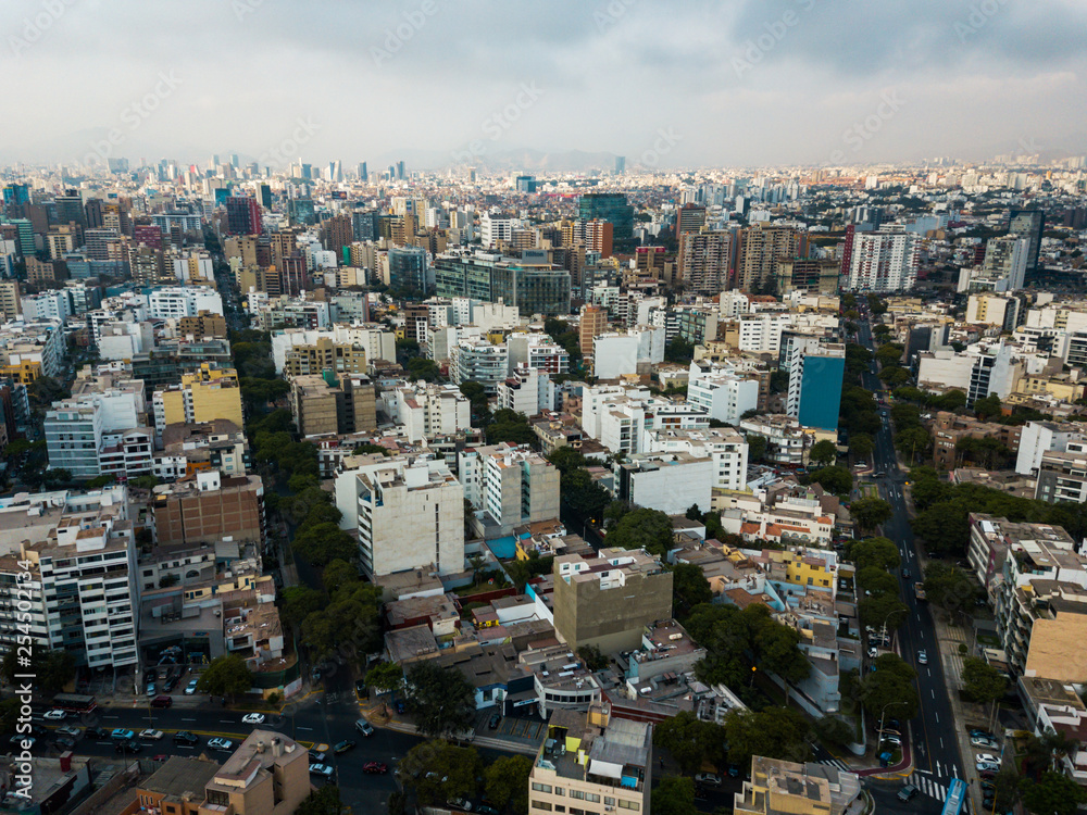 aerial of buildings of downtown Miraflores in Lima