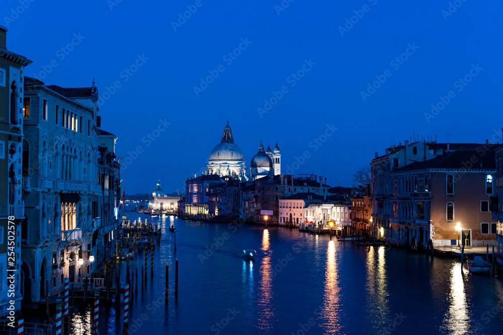 Venice. View on teh cathedral Santa Maria della Salute during twlight.