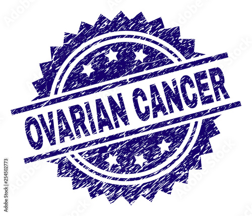 OVARIAN CANCER stamp seal watermark with distress style. Blue vector rubber print of OVARIAN CANCER text with scratched texture.