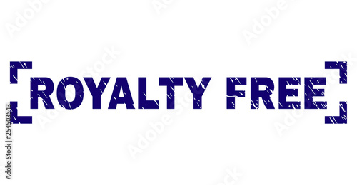 ROYALTY FREE title seal print with corroded style. Text title is placed inside corners. Blue vector rubber print of ROYALTY FREE with grunge texture.