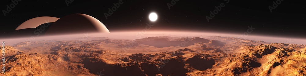 Titan (satellite of Saturn) at sunset, panorama of the red planet at sunrise, the surface of an alien from space