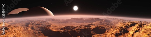 Titan (satellite of Saturn) at sunset, panorama of the red planet at sunrise, the surface of an alien from space photo