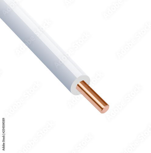 Flexible electrical copper cable isolated on white background. cable with white colored insulation. Close-up section. Power wire.