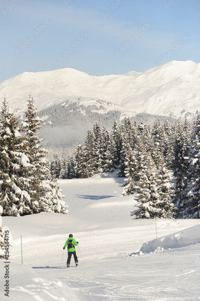 Skiing man at ski resort with forest and mountain background 