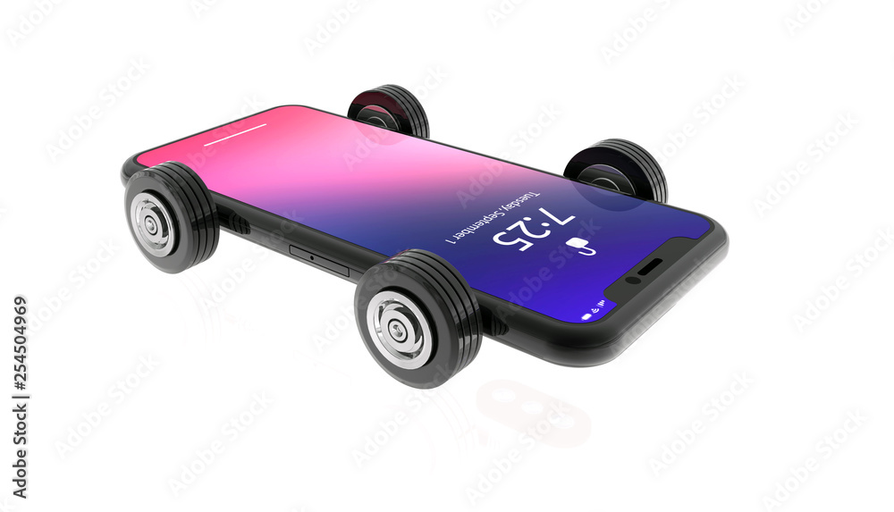 smart phone car isolated on white background, speed mobile internet for banner or wallpaper, backgound for phones operators, 3d rendering smart phone car isolated on white background, speed mobile internet for banner or wallpaper, backgound for phones operators, 3d rendering