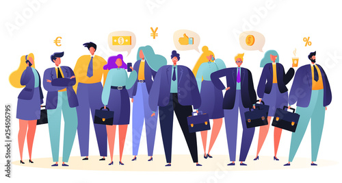 Group of business people, office workers standing together. Business teamwork concept. Team of male and female employees and colleagues. Colorful vector illustration in flat cartoon style.
