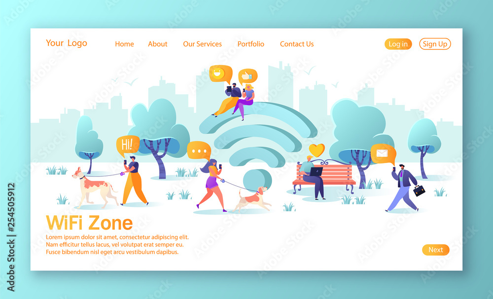 Wi-fi, wireless, network landing page template. People using smartphone and laptop during the walk in the park. Vector illustration for website or web page. Wi-fi connection in the park.