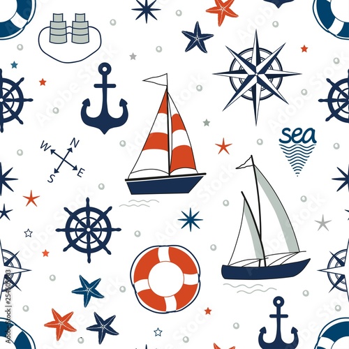 Marine seamless pattern with nautical elements