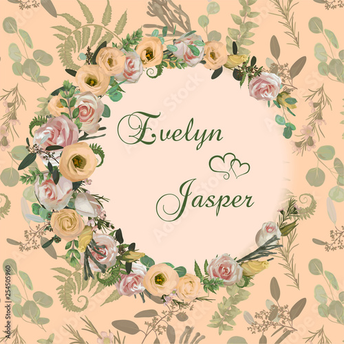 Wedding floral invitation, invite card. Vector with flower and leaves pattern background. Pink rose flowers, eustoma cream, brunia, green fern, eucalyptus, branches buxus. Natural, green round