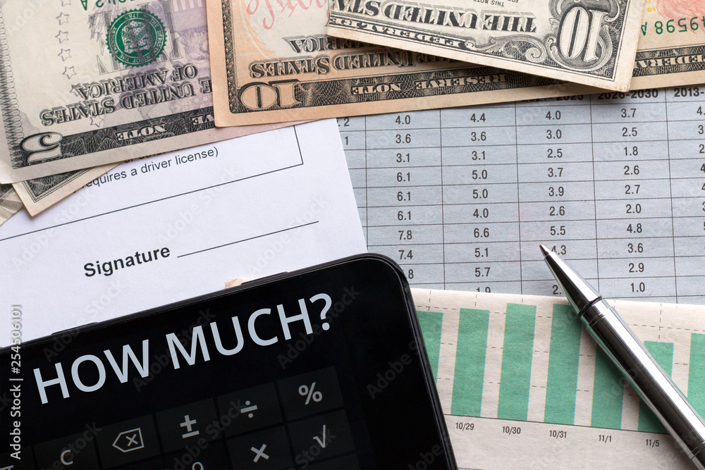 Fototapeta premium Money, calculator and document with place for signature. Goals, plans, intention.