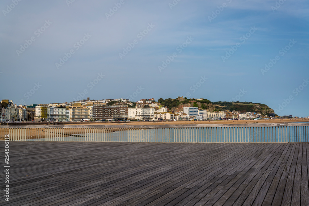 Refurbished Hastings Pier opened in 2016 and view of the town, Hastings, East Sussex, England, UK