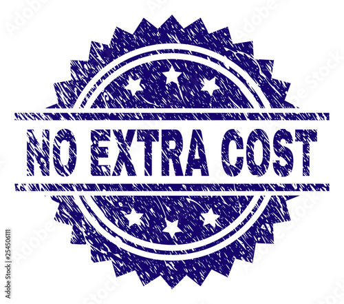 NO EXTRA COST stamp seal watermark with distress style. Blue vector rubber print of NO EXTRA COST tag with scratched texture.