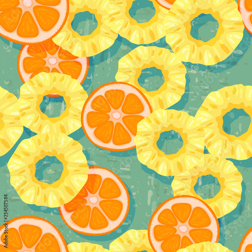 Pineapple and orange slices on an old background with traces of paint. Juicy fruits. Seamless pattern. Tropical fruit background. Summer. Flat lay. Eps10 Vector