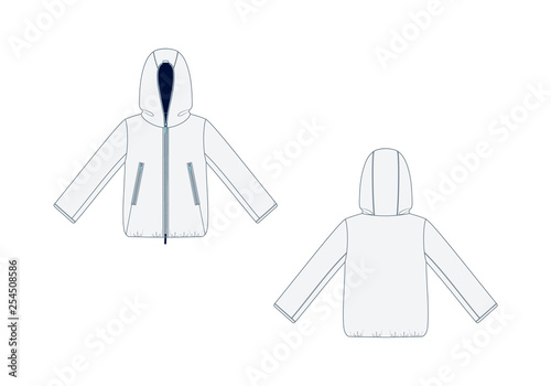 Fashion technical sketch of hooded jacket in vector graphic
