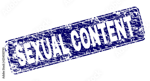 SEXUAL CONTENT stamp seal print with distress texture. Seal shape is a rounded rectangle with frame. Blue vector rubber print of SEXUAL CONTENT text with unclean texture.