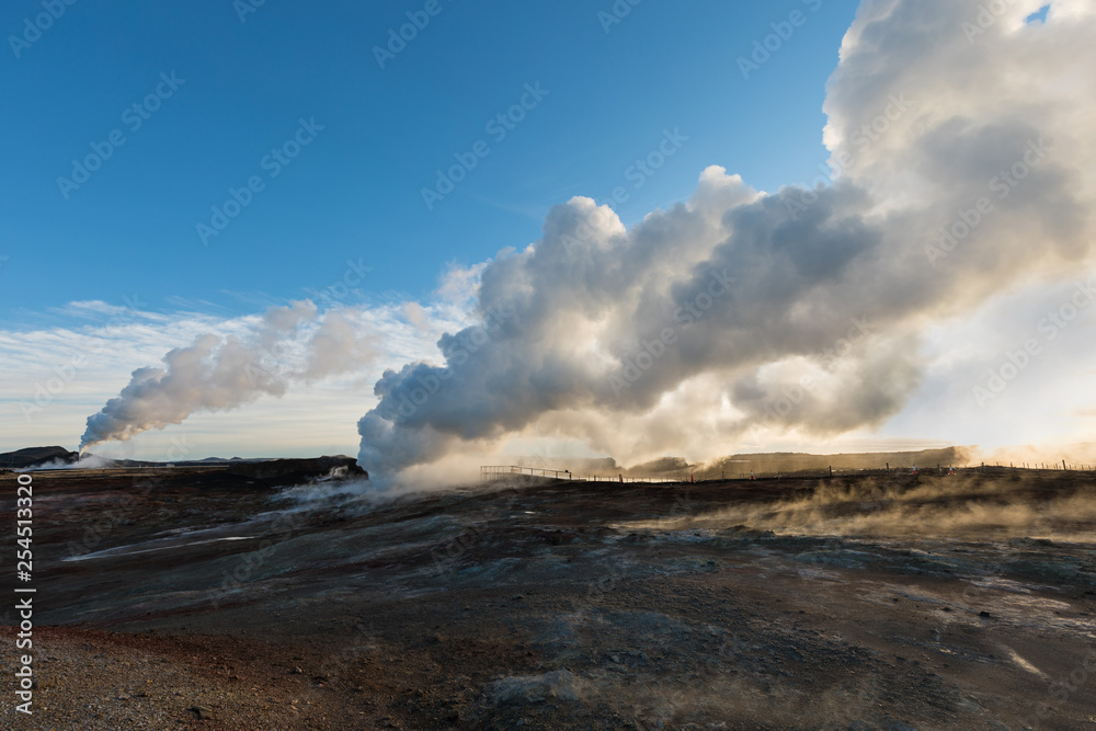 View of Gunnuhver geothermal area and power plant at Reykjanes peninsula, Keflavik, Iceland Hot springs near The Blue Lagoon geothermal spa is one of the most visited attractions in Iceland