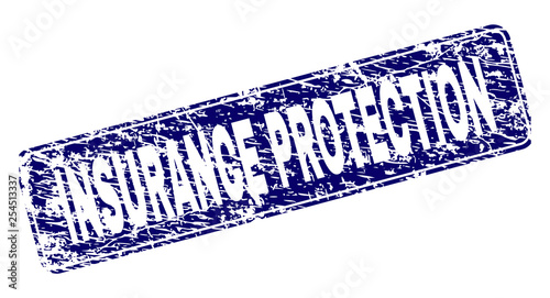 INSURANCE PROTECTION stamp seal print with grunge style. Seal shape is a rounded rectangle with frame. Blue vector rubber print of INSURANCE PROTECTION tag with unclean style.
