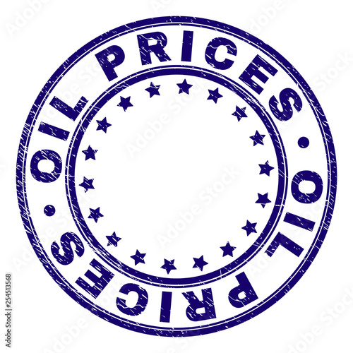 OIL PRICES stamp seal imprint with grunge texture. Designed with circles and stars. Blue vector rubber print of OIL PRICES label with grunge texture.