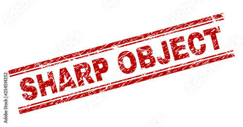 SHARP OBJECT seal print with corroded style. Red vector rubber print of SHARP OBJECT text with dirty texture. Text label is placed between double parallel lines.