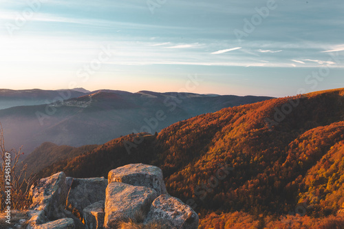 early morning view of vosges mountains in france. beautiful golden light on forest and rocks
