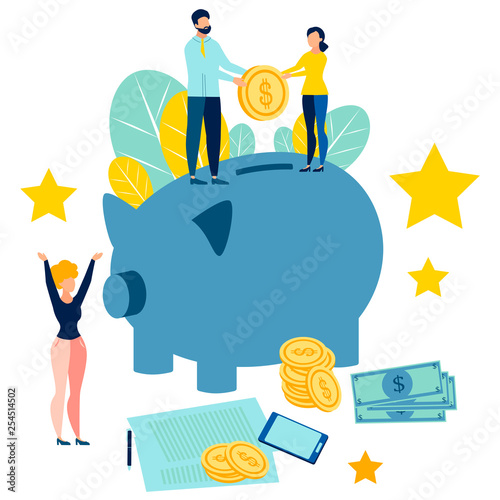 Replenishment of the family budget. People add savings to the piggy bank. In minimalist style. Cartoon flat Vector