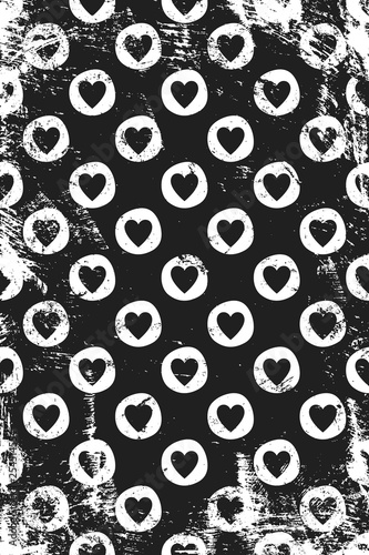 Grunge pattern with icons of stamp hearts. Vertical black and white backdrop.