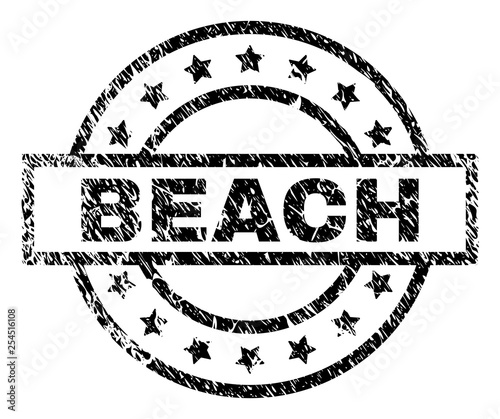 BEACH stamp seal watermark with distress style. Designed with rectangle, circles and stars. Black vector rubber print of BEACH text with unclean texture.