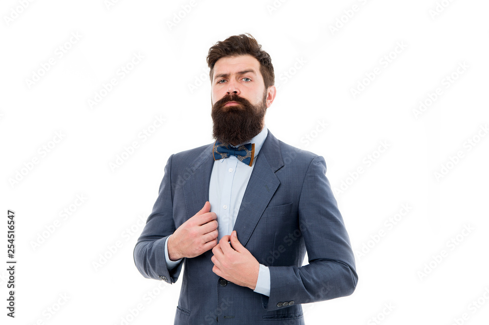 Businessman fashionable outfit isolated white. Man bearded hipster wear classic suit outfit. Formal outfit. Take good care of suit. Elegancy and male style. Fashion concept. Menswear fashion Businessman fashionable outfit isolated white. Man bearded hipster wear classic suit outfit. Formal outfit. Take good care of suit. Elegancy and male style. Fashion concept. Menswear fashion