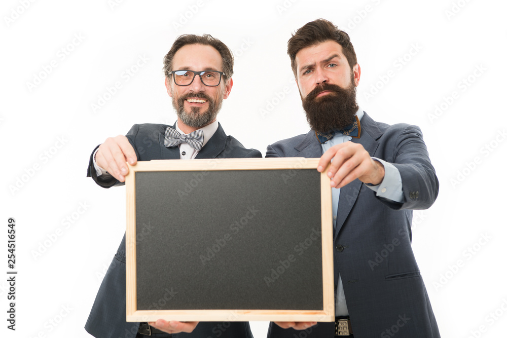 Join our business team. Business people concept. Men bearded guys wear formal suits. Well groomed business man hold chalkboard. Hr team hiring positions. Men successful entrepreneurs white background Join our business team. Business people concept. Men bearded guys wear formal suits. Well groomed business man hold chalkboard. Hr team hiring positions. Men successful entrepreneurs white background
