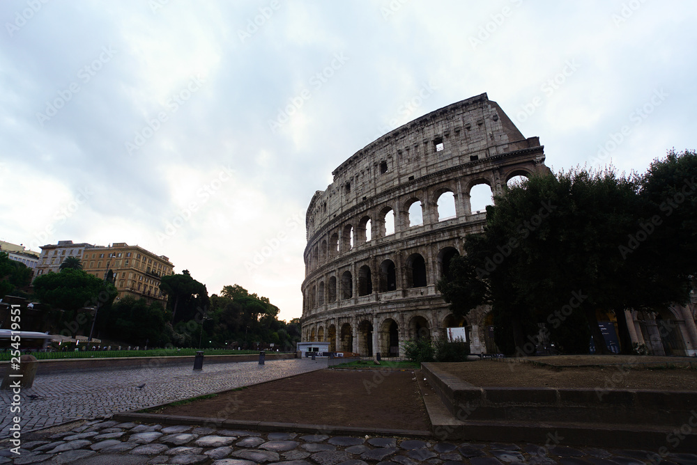 Colosseum or Coloseum at dusk from in front of Metro night, Rome Italy
