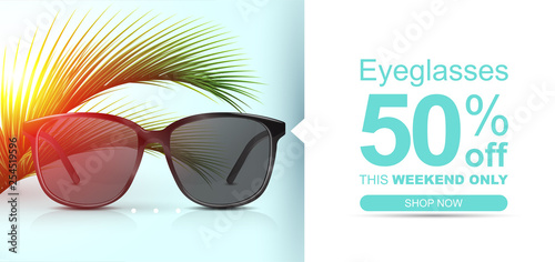 Sunglasses banner concept with palm leaves. Summer discount banner.