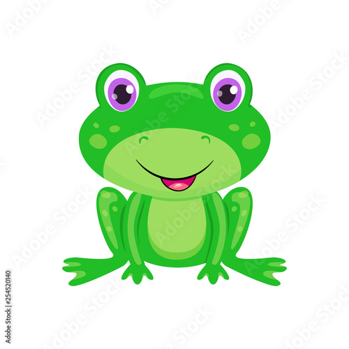 Cute cartoon frog isolated on white background. Funny toad with bright eyes, smiling and kind. 