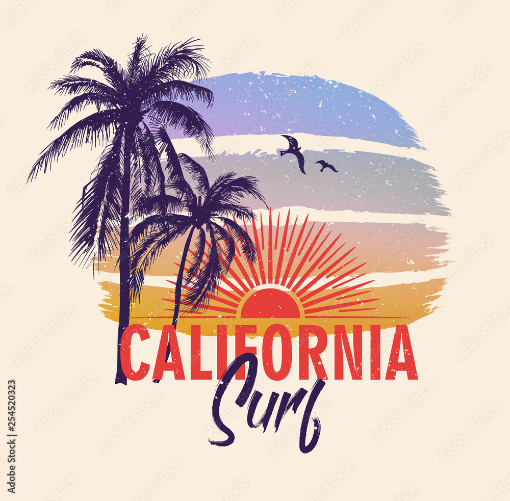 California surf. Colorful poster with palm trees and sun. T-shirt print with inscription, summer design for youth, teenagers.