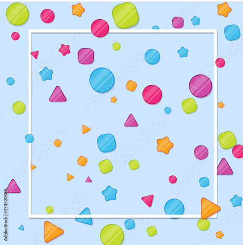 Blue background with square frame and colorful confetti. Design for kids in cartoon style.