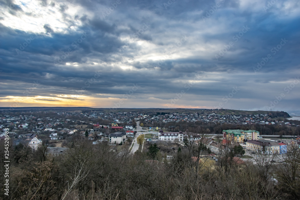 Panorama of a small European town at sunset