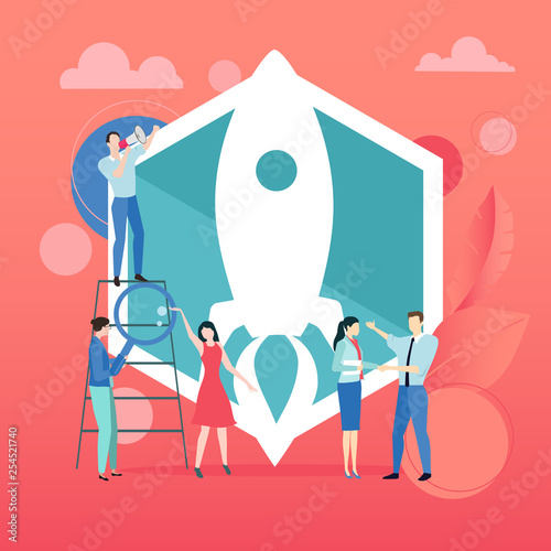 New business start up. Template with rocket and people.