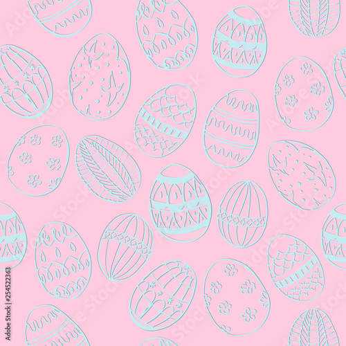 Seamless Pattern with Blue Decorated Easter Eggs