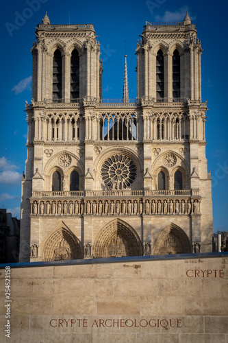 Paris, France - 03 10 2019: Façade of Notre-Dame of Paris. Archeological crypt