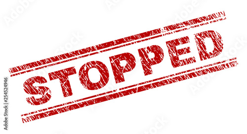 STOPPED seal watermark with grunge texture. Red vector rubber print of STOPPED caption with grunge texture. Text caption is placed between double parallel lines.