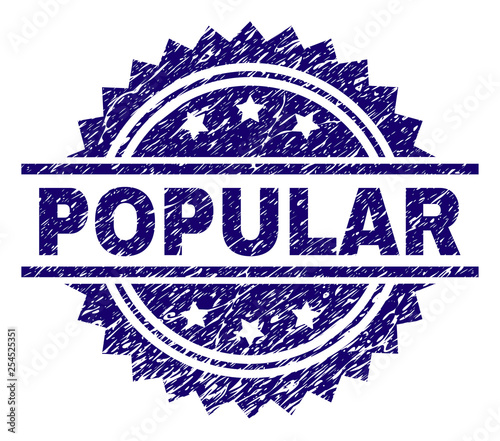 POPULAR stamp seal watermark with distress style. Blue vector rubber print of POPULAR title with unclean texture.
