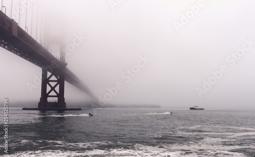 Heavy morning fog surrounds the Golden Gate Bridge