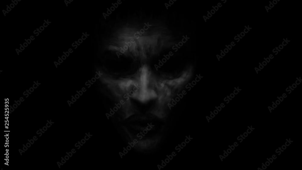 Creepy witch girl face. Kiss of darkness. 2D animation in horror fantasy genre. Mystic girl head in other dark world. Gloomy ghost in haze. Spooky female character. Gothic cruel woman with evil eyes. 