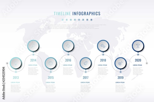 modern company history visualisation with thin line marketing icons, year indication and world map on background. business data infographic. vector corporate presentation slide template. eps 10